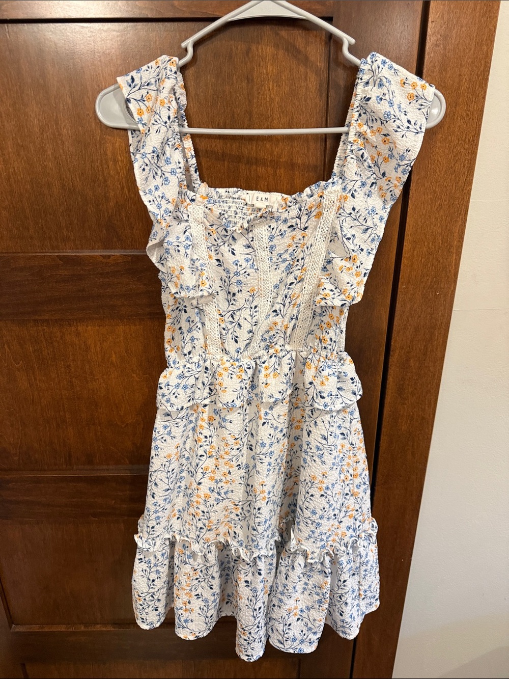 Smocked Floral Mini Dress in White with Blue & Yellow Print